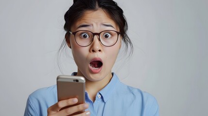 Close up snapshot of a young asian lady in blue shirt and glasses, showing astonishment while looking at cellphone - obrazy, fototapety, plakaty