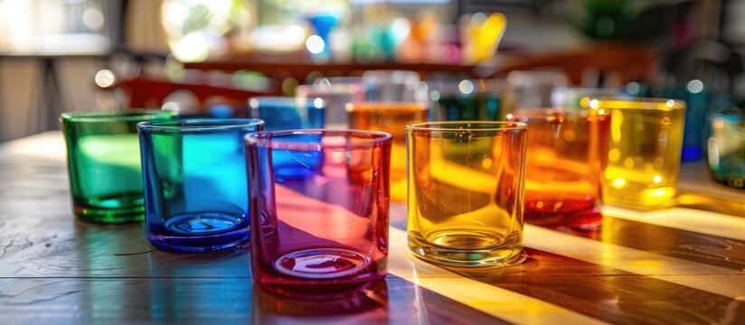 Variety of colored glasses on a table.