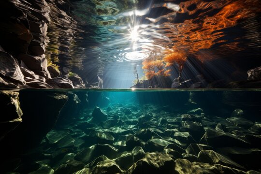 Electric blue light shines through the underwater cave