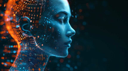 Abstract Artificial Intelligence Face - Futuristic Digital Human Profile - obrazy, fototapety, plakaty