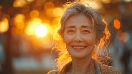 Fototapeta premium In the tranquil hues of sunset, middle-aged smiles symbolize a commitment to mental wellness. This portrait embodies the essence of self-care, mindfulness, and embracing mental stability. 