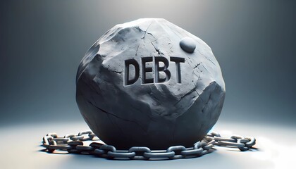 Monumental stone ball with 'DEBT' inscription and chains, symbolizing the heavy burden of debt and the challenge of financial freedom, Concept of crushing debt, financial bondage - obrazy, fototapety, plakaty