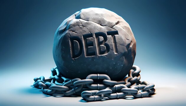 Monumental stone ball with 'DEBT' inscription and chains, symbolizing the heavy burden of debt and the challenge of financial freedom, Concept of crushing debt, financial bondage