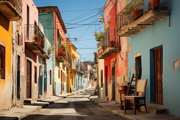 Fototapeta na wymiar Narrow city street with colorful buildings, chairs, and vibrant facade
