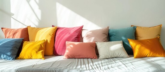 Assorted colored pillows on bed beside white wall