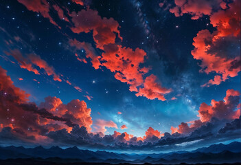 a red and blue cloudy sky background with stars - obrazy, fototapety, plakaty