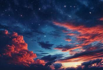 a red and blue cloudy sky background with stars - obrazy, fototapety, plakaty