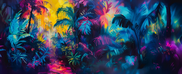 Neon colorful tropical forest painted art in pink, yellow, blue orange, red colours. Palm tree and banana tree leaves graphic for copy space by Vita