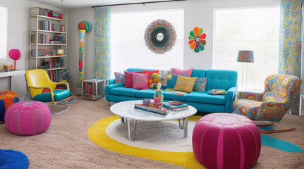  A blast from the past, this living room channels the nostalgia of the 70s with funky furniture, psychedelic patterns, and bold colors. Groovy accents like lava lamps, shag rugs