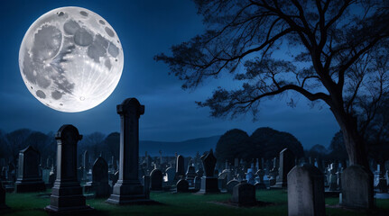 "Gothic cemetery under a full moon - Gravestones and mausoleums cast eerie shadows under the glow of a full moon, capturing the haunting atmosphere of a gothic graveyard, perfect for dark-themed 