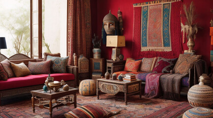  Influenced by travel and culture, this living room showcases a curated collection of artifacts, textiles, and artwork from around the world. 