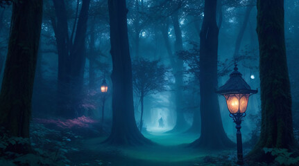 "Magical enchanted forest at twilight - Mysterious shadows and glowing orbs illuminate the dark foliage, creating an atmosphere of enchantment and wonder, ideal for fantasy book covers or mystical-the