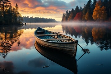 Boat peacefully drifts on tranquil lake under colorful sunset sky - obrazy, fototapety, plakaty