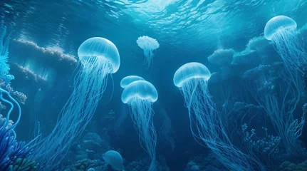 Foto op Canvas "Surreal underwater jellyfish garden - Luminescent jellyfish float gracefully amidst swirling currents of turquoise and indigo, transporting viewers to a surreal aquatic paradise, suitable for imagina © Thavindu Perera  