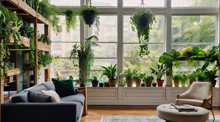 This living room is transformed into a lush oasis with an abundance of indoor plants, creating a vibrant and refreshing atmosphere.