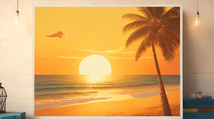"Vintage retro sunset beach scene - Warm tones of orange and gold blend with cool blues, capturing the nostalgic charm of a seaside sunset, perfect for travel posters or social media graphics."
