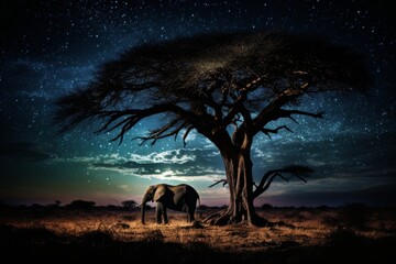 Night scenery with moonlight, african elephant, and enormous tree in safari under starry sky - obrazy, fototapety, plakaty