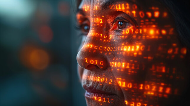 Old woman with digital reflection of binary code on face, technology background with copy space
- Powered by Adobe