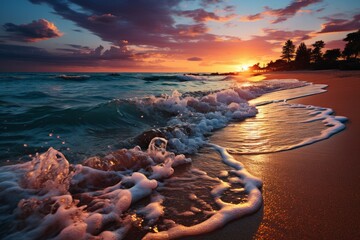 Water waves crash on the beach under the sunset sky