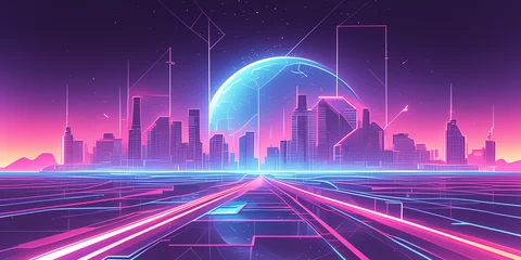 Deurstickers Beautiful Synthwave Cityscape at Sunset With Neon Lights and Skyscrapers. © Skrotaa