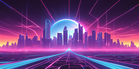 Beautiful Synthwave Cityscape at Sunset With Neon Lights and Skyscrapers.