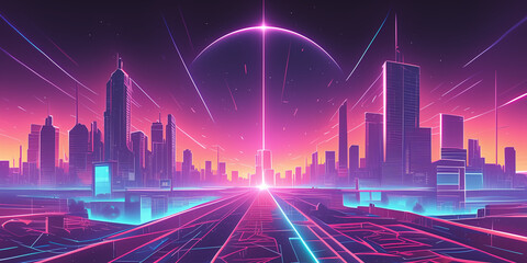 Beautiful Synthwave Cityscape at Sunset With Neon Lights and Skyscrapers.
