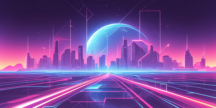 Beautiful Synthwave Cityscape at Sunset With Neon Lights and Skyscrapers.
