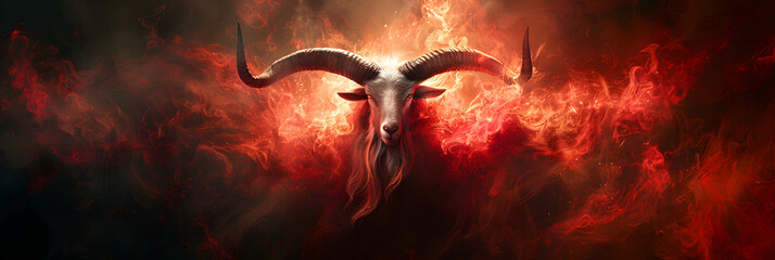  Goat with horns and red smoke on a dark backgrou,
Image of angry bighorn sheep face and flames on dark background Wildlife Animals Illustration 