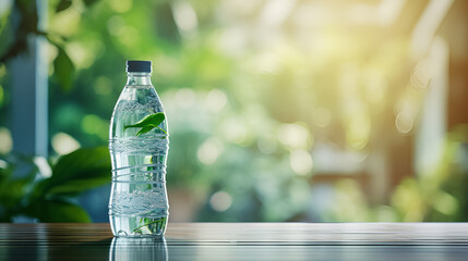 A bottle of water in the forest with  that says water '
 - obrazy, fototapety, plakaty