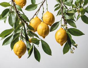 Branch of juicy lemons with leaves on white background