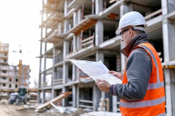 Engineer with blueprints at a construction site