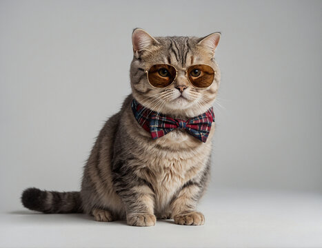 Portrait of a cat wearing sunglasses and a bow on a gray background.