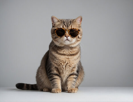 Portrait of a cat wearing sunglasses and a bow on a gray background.
