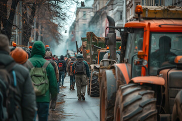Tractors blocked city streets, causing traffic jams, as agricultural workers protested tax increases, law changes, and benefit removal in a street rally - obrazy, fototapety, plakaty