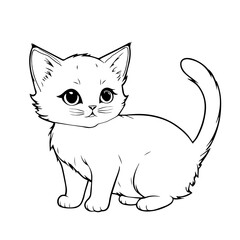 Beautiful hand-drawn vector illustration of funny cat sitting on a white background for coloring book for children