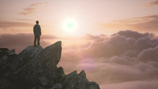 Man Hiker on rocky peak, cloudscape. Adventure Composite. 3d Rendering rocks. Background Image of landscape from BC, Canada. 3D Illustration