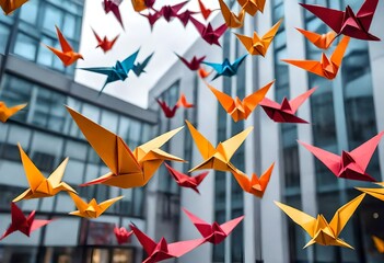 red and yellow origami paper birds flying over the city and buildings