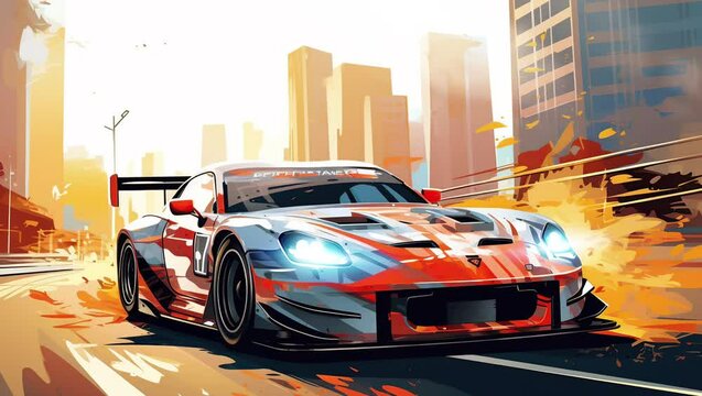 Sleek hypercar cruising through the city streets at sunrise. Urban elegance in dawn light Seamless looping 4k time-lapse virtual video animation background. Generated AI