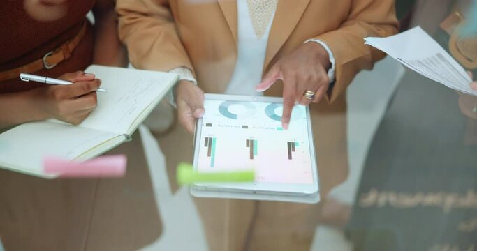 Hands, teamwork and tablet with graphs on screen for project planning or report chart, research or strategy. People, fingers and notebook for analytics review or corporate growth, data or information