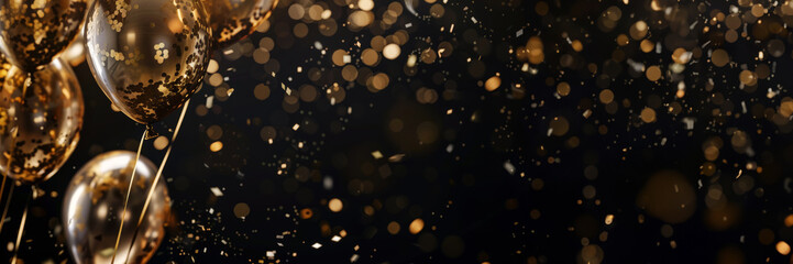Golden balloons amidst a sparkling confetti backdrop, signaling a festive celebration. AI...