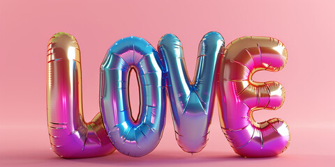Shimmering metallic balloons spell LOVE in a warm celebratory display against a pink background. AI Generative.