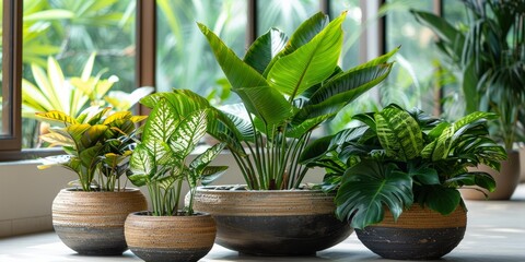 Lush Indoor Potted Plants by Sunlit Window, Tropical Ambiance