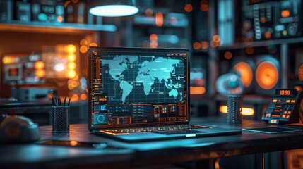 A laptop with an illuminated world map glows amidst an array of tech gadgets and atmospheric lighting. AI Generative.