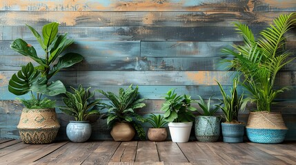 Lush Indoor Plants Against a Weathered Wooden Wall