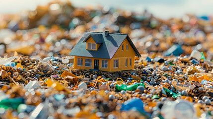Miniature house figurine poised atop a hill of assorted discarded items, symbolizing waste impact. AI Generative.