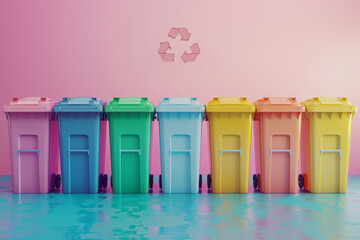 Colorful recycling bins lined up against a pastel background, representing waste sorting and sustainability. AI Generative.