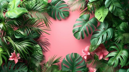 Pastel pink background with tropical leaf palm, monstera with a place for your product, copy space. --chaos 20 --ar 16:9 --stylize 600 Job ID: 08ce4c1d-09d8-43dd-bfb1-e678342061fc