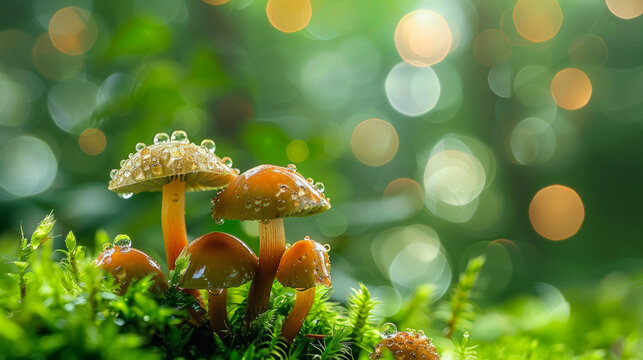Dew-kissed mushrooms bask in the enchanted glow of a fairytale-like forest scene. AI Generative.