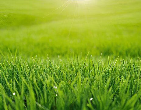 Green grass, summer background. grass texture, blurred background, sun rays. Nature concept. Copy space for text.