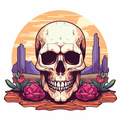 Skull head on desert with cactus. illustration for